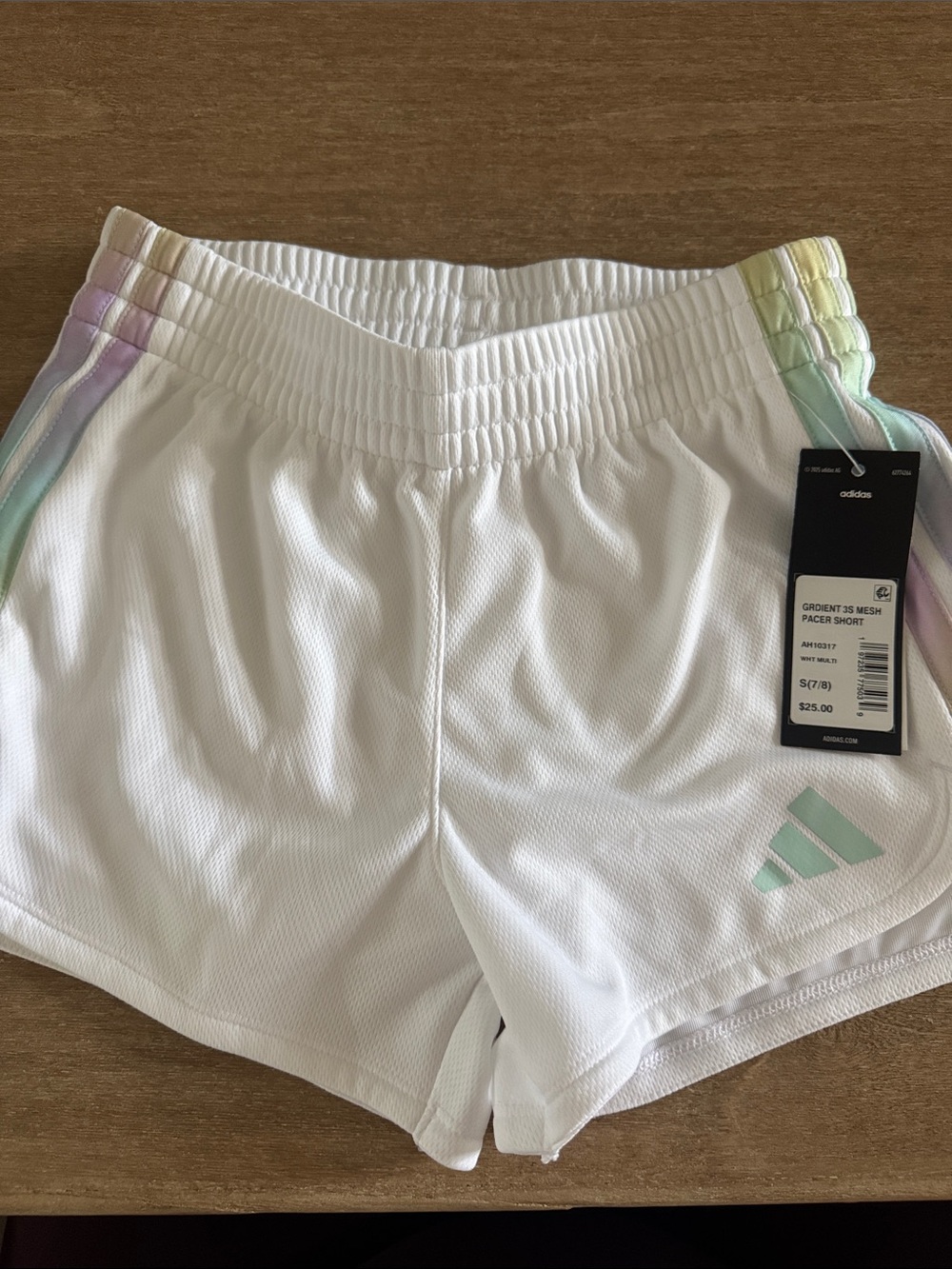 adidas White Mesh Athletic Shorts with Pastel Rainbow Stripes